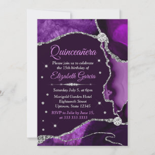 Lila und Silber Glitter Agate Quinceanera Einladung