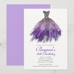 Lila und Silber Glitter Glam Kleid Sweet 16 Party Einladung