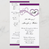 Lila und Silber Herz Monogramm Hochzeitsprogramm Programm (Vorne/Hinten)