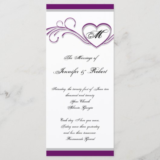 Lila und Silber Herz Monogramm Hochzeitsprogramm Programm (Vorderseite)