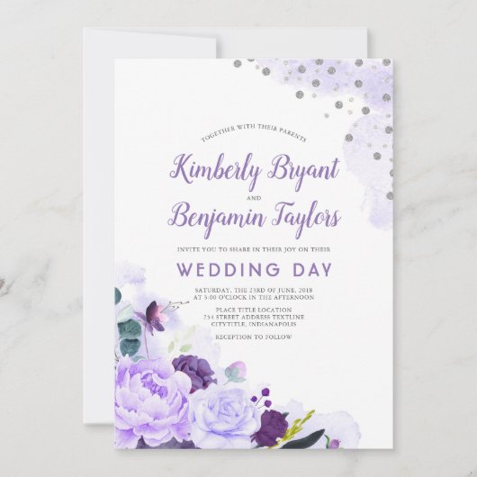 Lila und silber | Hochzeitsblumenwasser Einladung (Vorderseite)