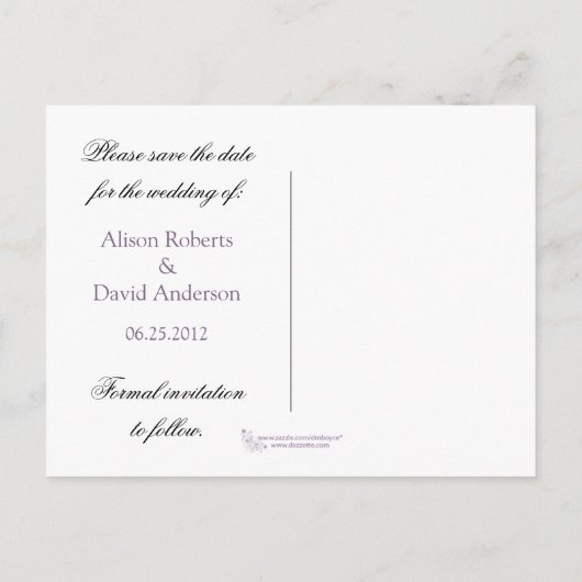 Lila und silber Save the Date Ankündigungspostkarte (Rückseite)