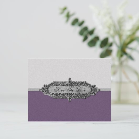 Lila und silber Save the Date Ankündigungspostkarte (Stehend Vorderseite)