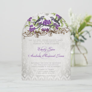 Lila und Silber Vintage-Vogel-Damaskus-Hochzeitsei Einladung