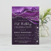 Lila und silberer Glitzer Agate Geburtstag Einladung (Stehend Vorderseite)