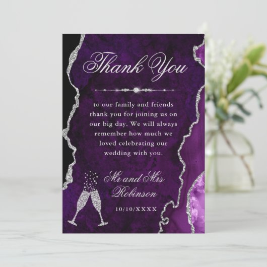 Lila und silberer Glitzer Agate & Marble Wedding Dankeskarte (Stehend Vorderseite)