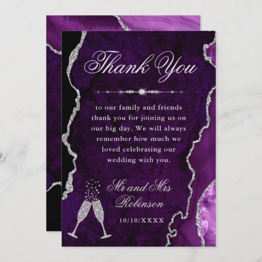 Lila und silberer Glitzer Agate & Marble Wedding Dankeskarte (Vorne/Hinten)