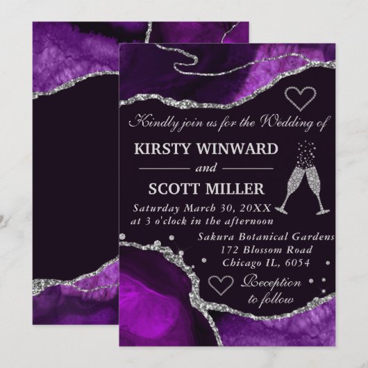 Lila und silberer Glitzer Agate Marble Wedding Einladung (Vorne/Hinten)