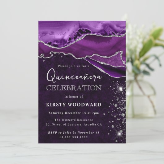 Lila und Silberer Glitzer Agate Quinceanera Einladung (Stehend Vorderseite)