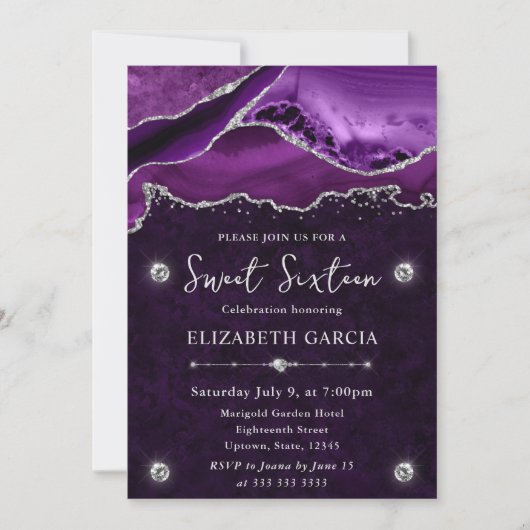 Lila und silberer Glitzer Agate Sweet 16 Einladung (Vorderseite)