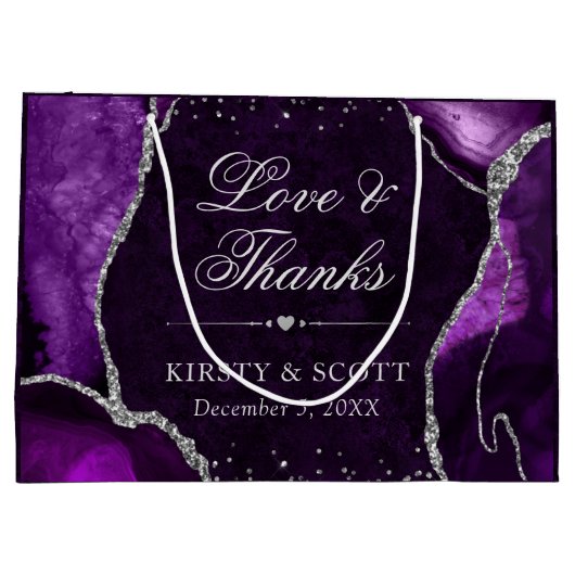Lila und silberer Glitzer Marble Agate Wedding Große Geschenktüte (Rückseite)