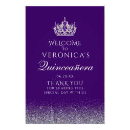 Lila und silberer Glitzer Quinceanera Begrüßungsze Poster
