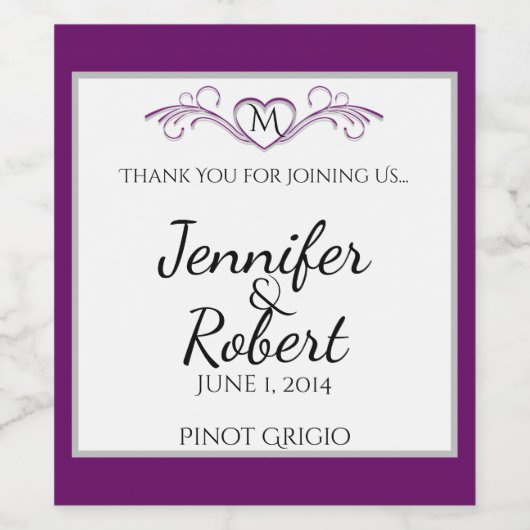 Lila und silberes Herzenscroll Monogramm Weinetike Weinetikett (Einzelnes Label)