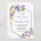 Lila und silberfarbene Blütenhochzeit Einladung (Vorne/Hinten)