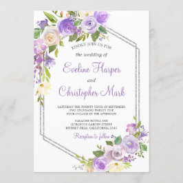 Lila und silberfarbene Blütenhochzeit Einladung