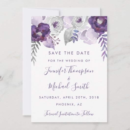 Lila und silberfarbene Flora Save the Date (Vorderseite)