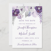Lila und silberfarbene Flora Save the Date (Vorderseite)