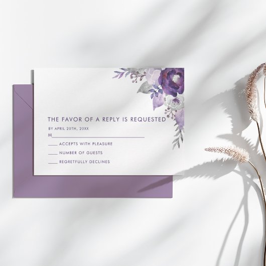 Lila und silberfarbene Hochzeit RSVP Karte