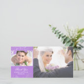 Lila und silberne Blume Hochzeitsfotokarten Dankeskarte (Stehend Vorderseite)