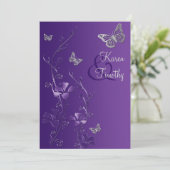 Lila und silberne Blumen mit Schmetterlingen laden Einladung (Stehend Vorderseite)