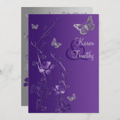 Lila und silberne Blumen mit Schmetterlingen laden Einladung (Vorne/Hinten)