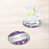 Lila und silberne Damaskus-Wirbel Hochzeit Runder Pappuntersetzer (Vor Ort)