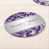 Lila und silberne Damaskus-Wirbel Hochzeit Runder Pappuntersetzer (Angewinkelt)