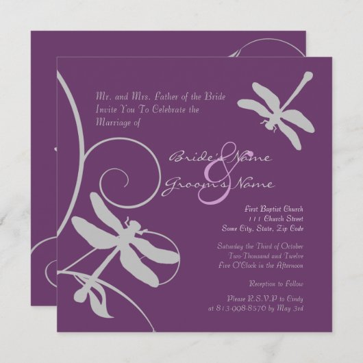 Lila und silberne Drachenfliege Einladung (Vorne/Hinten)