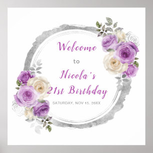 Lila und silberne elegante Blume Geburtstag Poster
