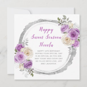 Lila und silberne elegante Blumen Sweet Sixteen Karte