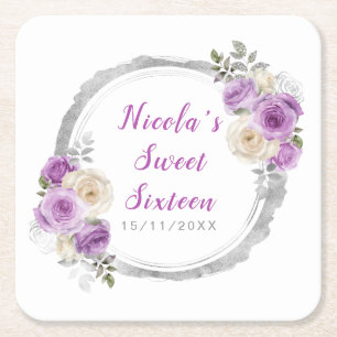 Lila und silberne elegante Blumen Sweet Sixteen Rechteckiger Pappuntersetzer