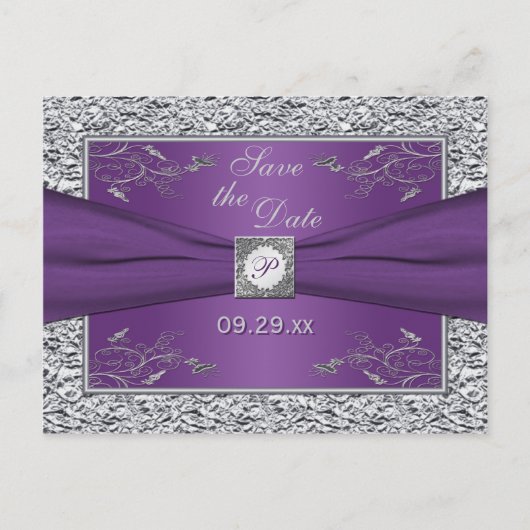 Lila und silberne florale Save the Date-Karte Ankündigungspostkarte (Vorderseite)