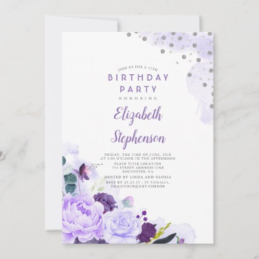 Lila und Silberne Glitzer Blumengeburtsparty Einladung (Vorderseite)