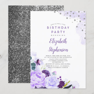 Lila und Silberne Glitzer Blumengeburtsparty Einladung