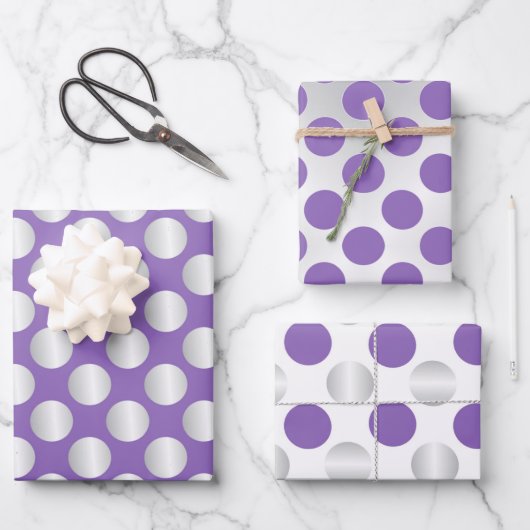 Lila und silberne Polka-Punkte Geschenkpapier Set (Vorderseite)