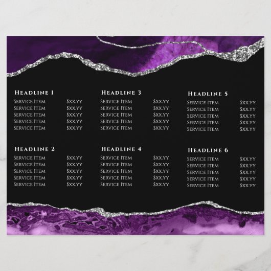 lila und silberne Zeitung auf schwarzer Broschüre (Rückseite)