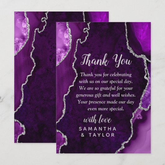 Lila und Silberner Achat-Marmor-Hochzeits-Dankesch Dankeskarte (Vorne/Hinten)
