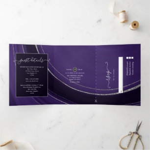Lila und Silberner Achatstein Hochzeit Tri-Fold Ei Dreifach Gefaltete Einladung