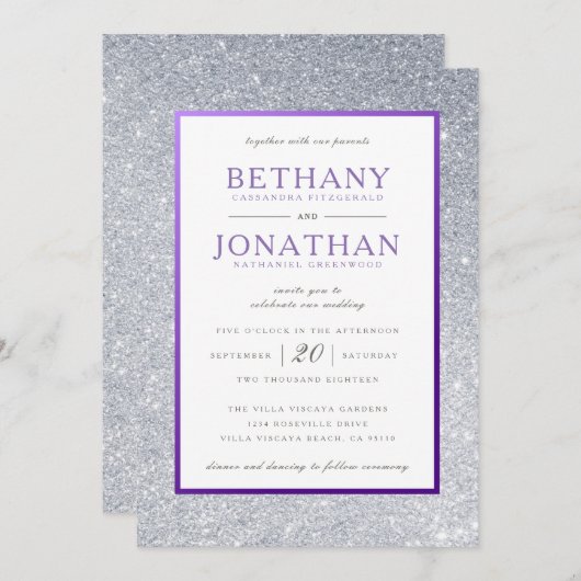 Lila und Silberner Glitzer Einladung zur Hochzeit (Vorne/Hinten)