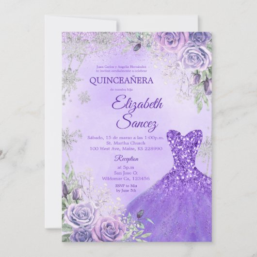 Lila und Silver Winter Quinceanera Einladung (Vorderseite)