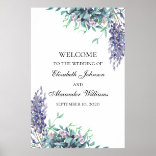 Lila und Türkis Blumen. Hochzeit Willkommensschild Poster