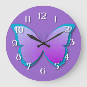 Lila und Türkis Damast Schmetterling Große Wanduhr