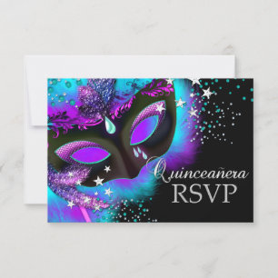 Lila und Türkis Maskenball Quinceanera RSVP Karte