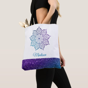 Lila und Türkis Ombre-Faux-Glitter-Mandala auf Wei Tasche