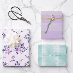 Lila und Türkis Wasserfarbe Blumen und dezenten St Geschenkpapier Set