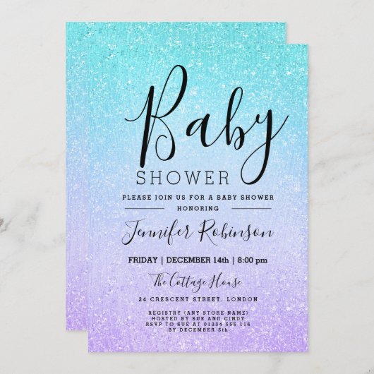 Lila und türkisfarbene Kinderdusche Glitzer Anstri Einladung (Vorne/Hinten)