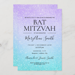 Lila und türkisfarbenes Bat Mitzvah Imitate Glitze Einladung