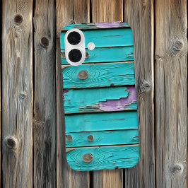 Lila und türkisfarbenes Blaues Weathered-Holz iPhone 16 Hülle
