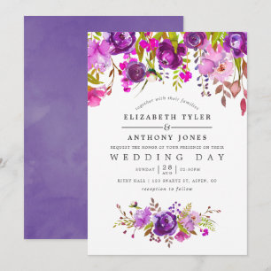 Lila und violette Aquarell-Blumenhochzeit Einladung