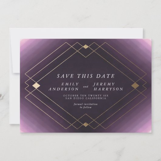 Lila und weiß | Gold Deko Lines Save the Date Ankündigung (Vorderseite)